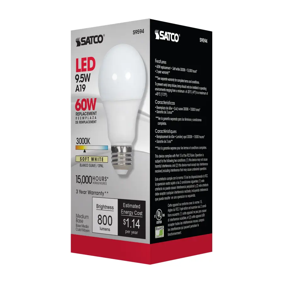 9.5 Watt - A19 LED - Frosted - 3000K Medium base - 220 deg. Beam Angle - 120 Volt - Non-Dimmable - Image 8
