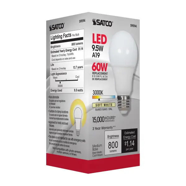 9.5 Watt - A19 LED - Frosted - 3000K Medium base - 220 deg. Beam Angle - 120 Volt - Non-Dimmable - Image 9