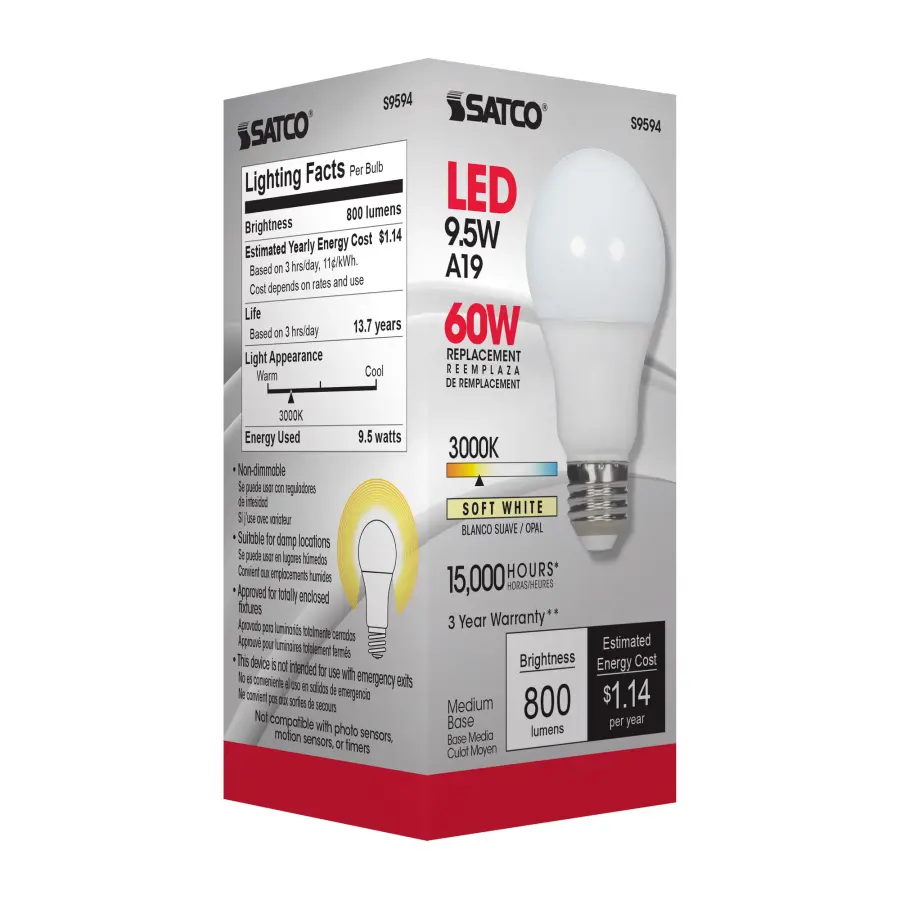 9.5 Watt - A19 LED - Frosted - 3000K Medium base - 220 deg. Beam Angle - 120 Volt - Non-Dimmable - Image 9