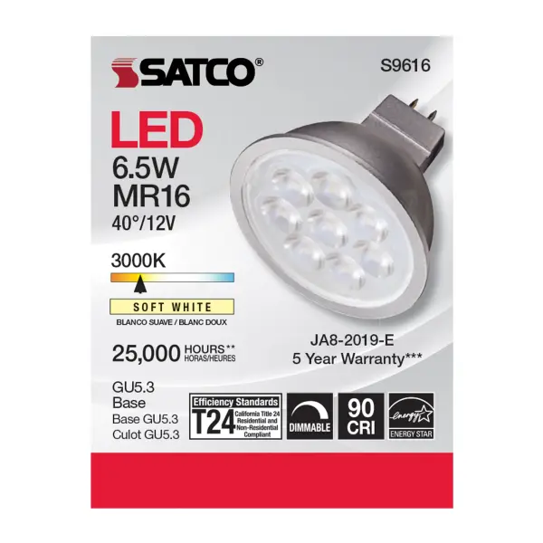6.5 Watt - LED MR16 LED - 3000K - 40 deg. Beam Angle - GU5.3 base - 12 Volt AC/DC - alternate view