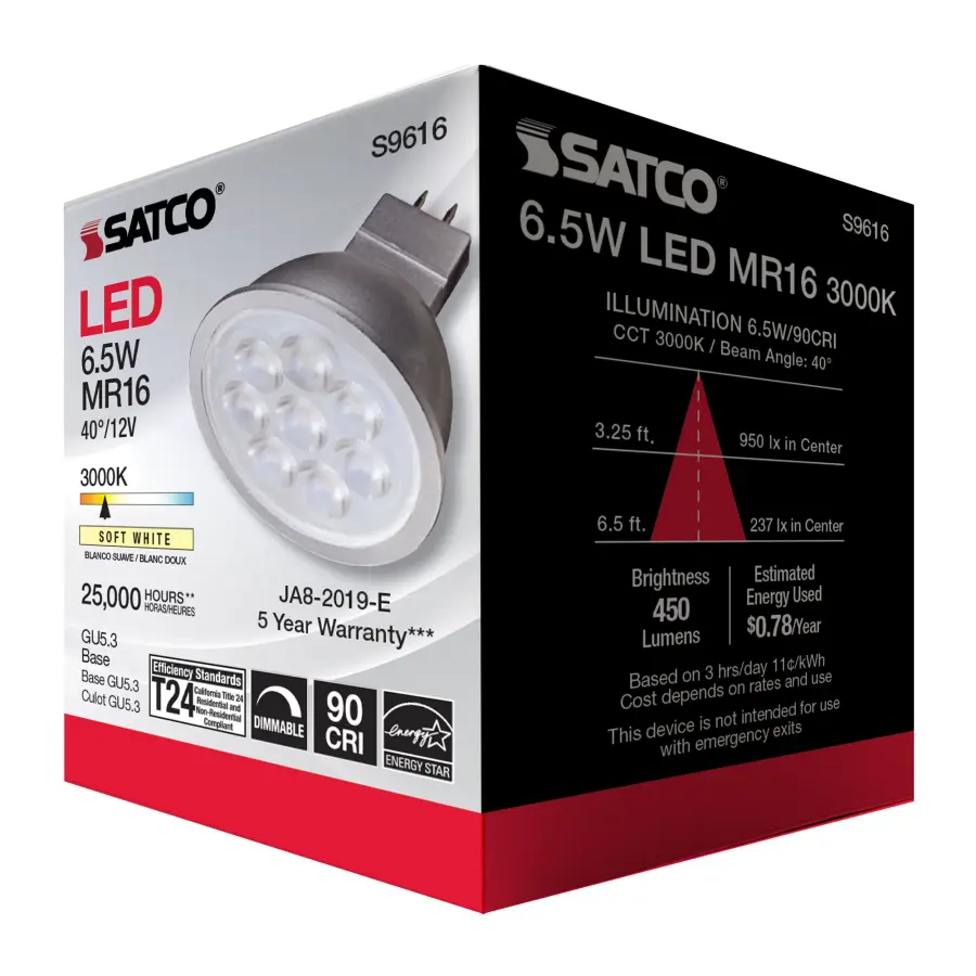 6.5 Watt - LED MR16 LED - 3000K - 40 deg. Beam Angle - GU5.3 base - 12 Volt AC/DC - Image 8
