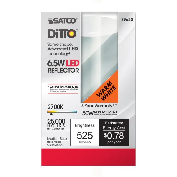 6.5 Watt - LED R20 - 2700K - 107 deg. Beam Angle - Medium base - 120 Volt - Dimmable - alternate view