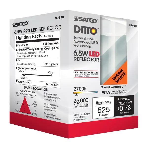 6.5 Watt - LED R20 - 2700K - 107 deg. Beam Angle - Medium base - 120 Volt - Dimmable - Image 3