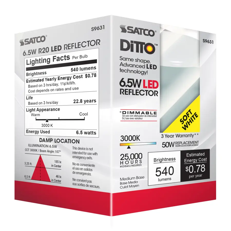 6.5 Watt - LED R20 - 3000K - 107 deg. Beam Angle - Medium base - 120 Volt - Dimmable - Image 4