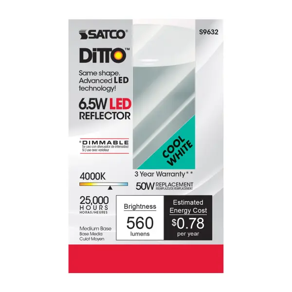 6.5 Watt - LED R20 - 4000K - 107 deg. Beam Angle - Medium base - 120 Volt - Dimmable - alternate view