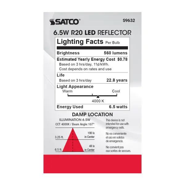 6.5 Watt - LED R20 - 4000K - 107 deg. Beam Angle - Medium base - 120 Volt - Dimmable - Image 5