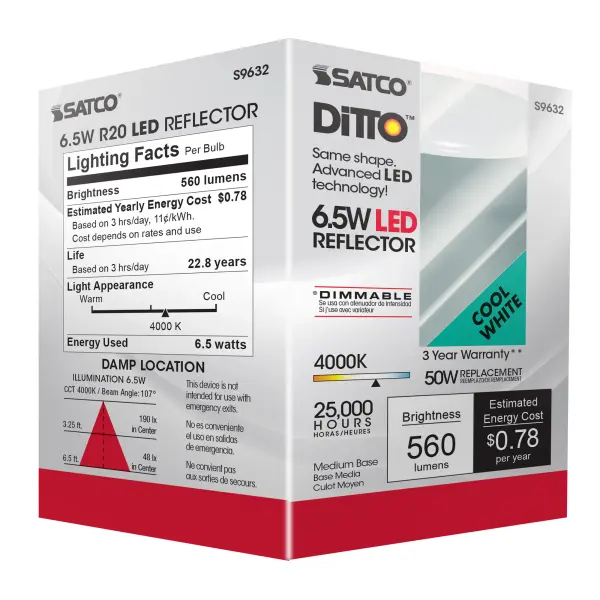 6.5 Watt - LED R20 - 4000K - 107 deg. Beam Angle - Medium base - 120 Volt - Dimmable - Image 7