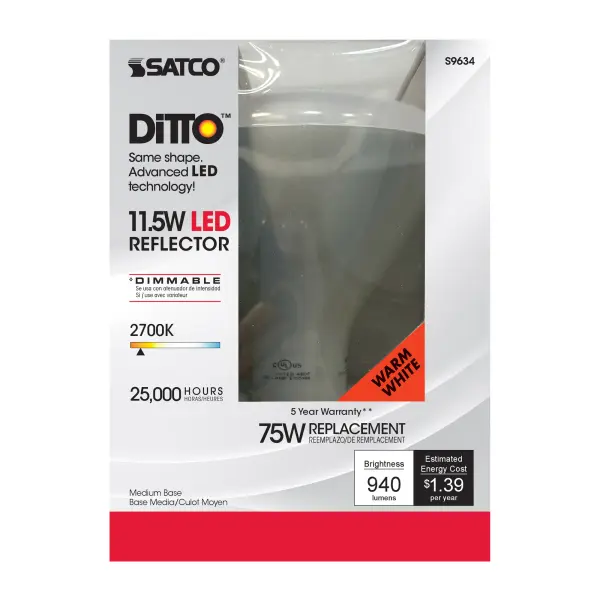 SATCO NUVO's 11.5-watt BR40 LED flood lamp is an energy efficient lighting solution for residential and commercial applications. This dimmable floodlight comes in a frost finish, and is perfect or replacing outdated incandescent and fluorescent floodlights. Durable and versatile, this fixture delivers 25,000 hours of warm white light. - alternate view