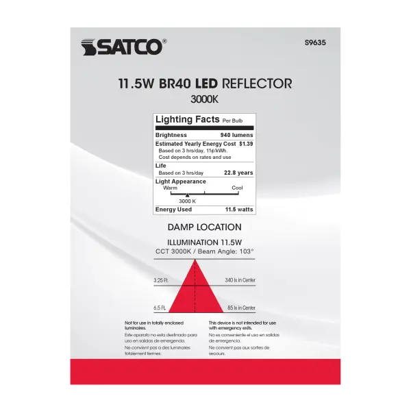 11.5 Watt - LED BR40 - 3000K - 103 deg. Beam Angle - Medium base - 120 Volt - Dimmable - Image 9