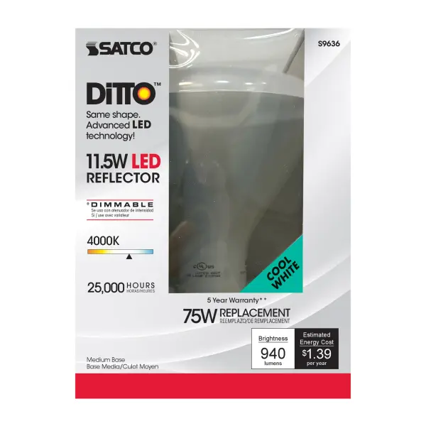 SATCO NUVO's 11.5-watt BR40 LED flood lamp is an energy efficient lighting solution for residential and commercial applications. This dimmable floodlight comes in a frost finish, and is perfect or replacing outdated incandescent and fluorescent floodlights. Durable and versatile, this fixture delivers 25,000 hours of cool white light. - alternate view
