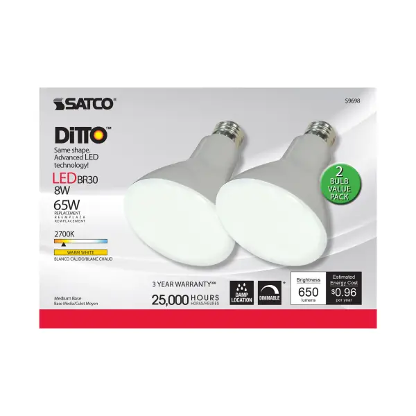 8 Watt - BR30 LED - Medium base - 2700K - 105 deg. Beam Angle - 120 Volt - 2-Pack Display Pack - alternate view