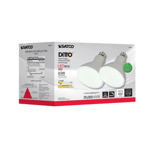 8 Watt - BR30 LED - Medium base - 2700K - 105 deg. Beam Angle - 120 Volt - 2-Pack Display Pack - Image 5