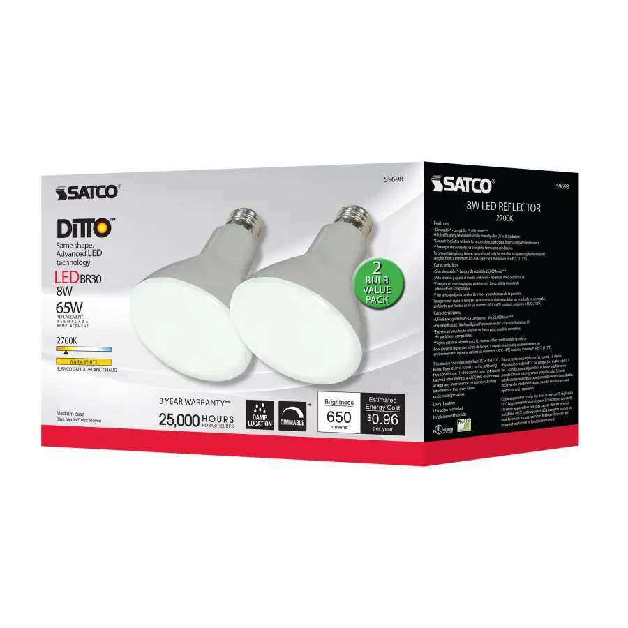 8 Watt - BR30 LED - Medium base - 2700K - 105 deg. Beam Angle - 120 Volt - 2-Pack Display Pack - Image 6