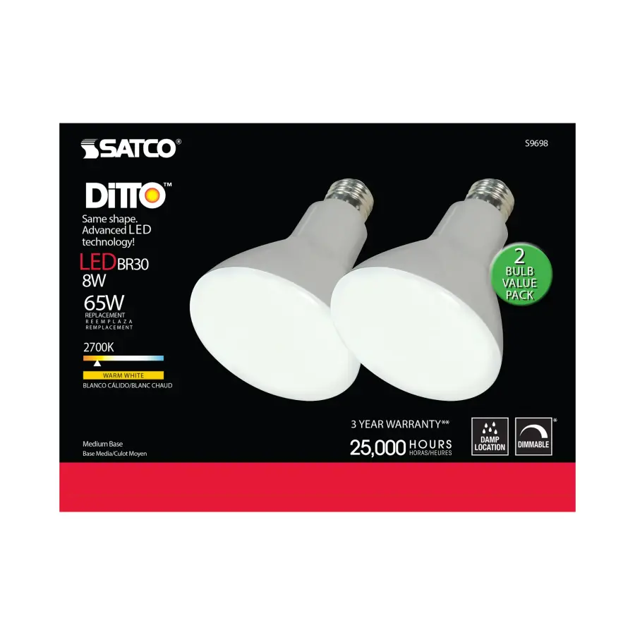 8 Watt - BR30 LED - Medium base - 2700K - 105 deg. Beam Angle - 120 Volt - 2-Pack Display Pack - Image 9