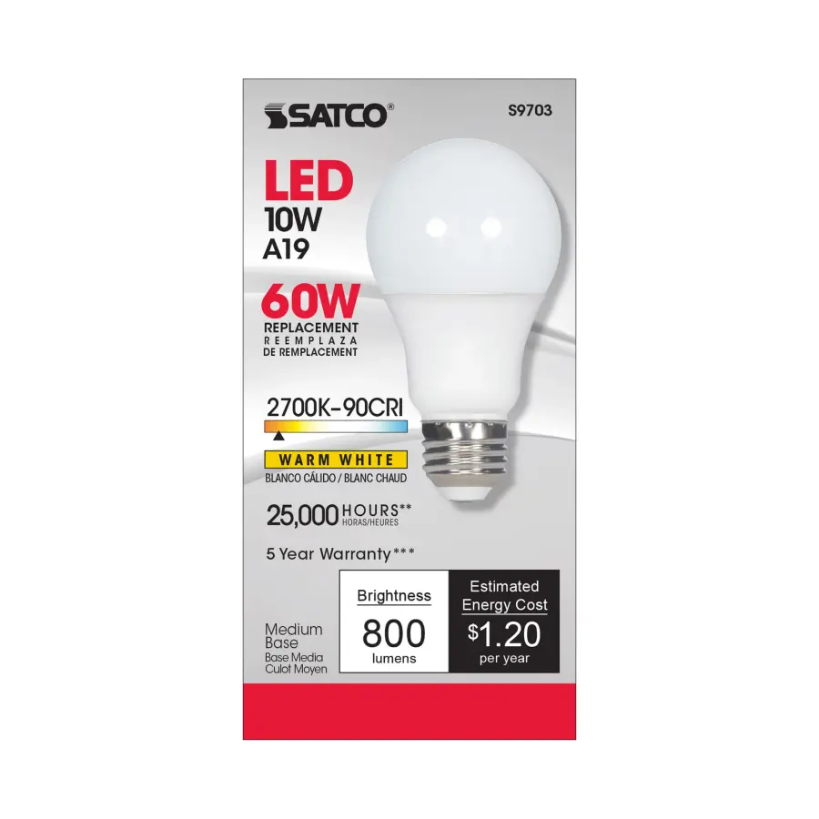 10 Watt - A19 LED - 2700K - Medium base - 220 deg. Beam Angle - 90CRI - 120 Volt - Image 2