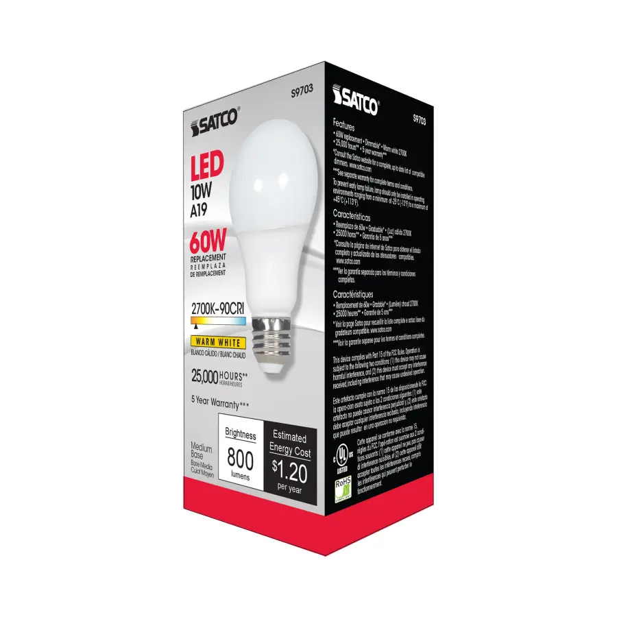 10 Watt - A19 LED - 2700K - Medium base - 220 deg. Beam Angle - 90CRI - 120 Volt - Image 9