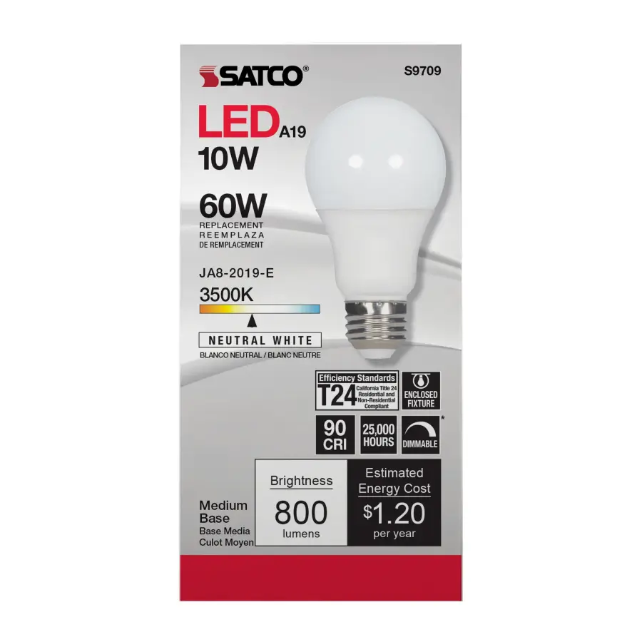 10 Watt - LED A19 - 3500K - Medium base - 120 Volt - 90 CRI - Image 2