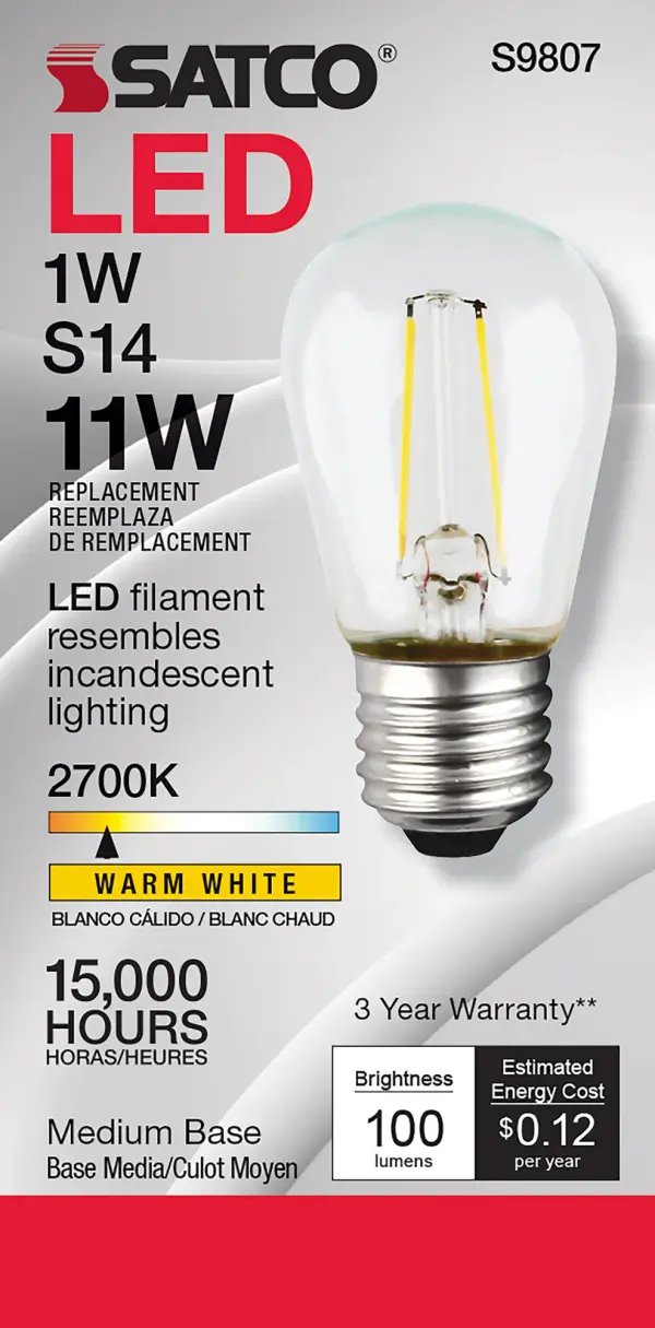 1 Watt LED Filament - S14 - Clear - Medium base - 2700K - 120 Volt - alternate view