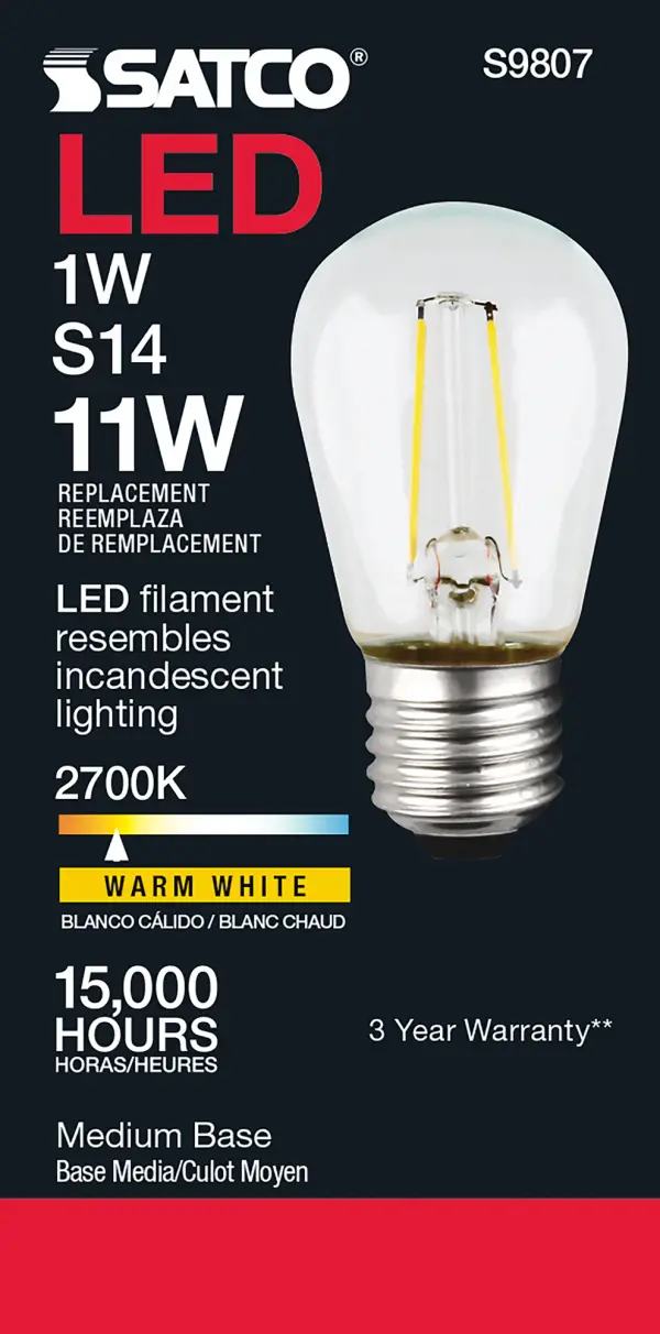 1 Watt LED Filament - S14 - Clear - Medium base - 2700K - 120 Volt - Image 3