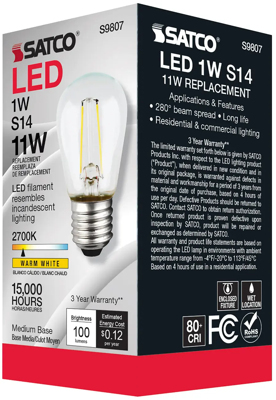 1 Watt LED Filament - S14 - Clear - Medium base - 2700K - 120 Volt - Image 6