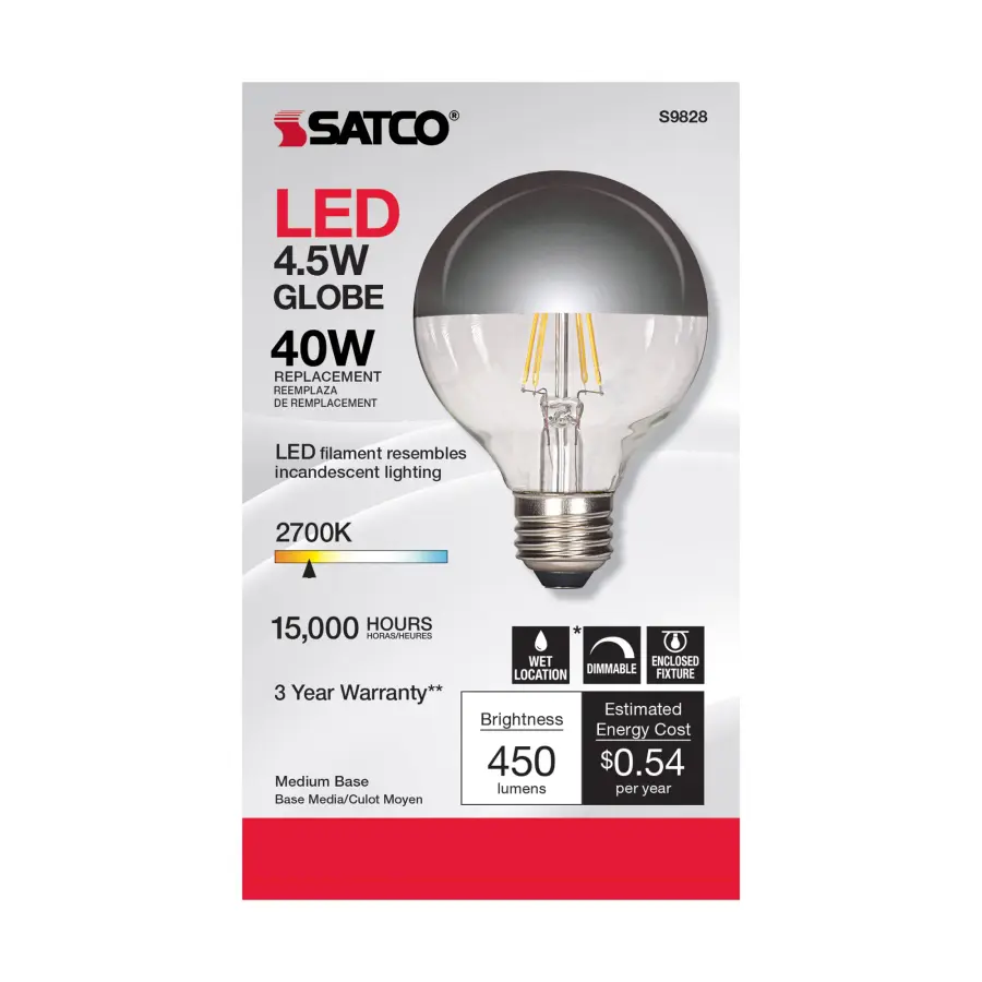 4.5 Watt G25 LED Filament - Silver crown - Medium base - 2700K - 430 Lumens - 120 Volt - Image 3
