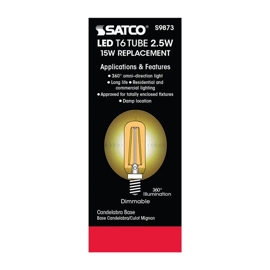 2.5 Watt T6 LED Filament - Amber - Candelabra base - 2000K - 150 Lumens - 120 Volt - Image 5