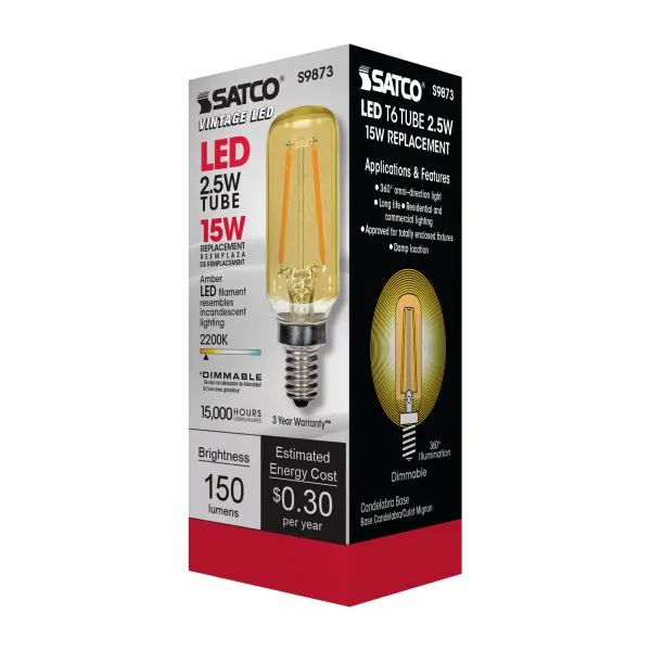 2.5 Watt T6 LED Filament - Amber - Candelabra base - 2000K - 150 Lumens - 120 Volt - Image 7