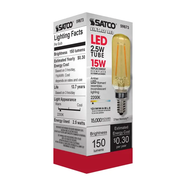 2.5 Watt T6 LED Filament - Amber - Candelabra base - 2000K - 150 Lumens - 120 Volt - Image 8