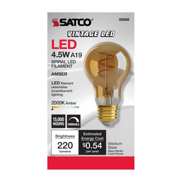 4.5 Watt A19 LED Filament - Amber - Medium base - 2000K - 260 Lumens - 120 Volt - Image 4
