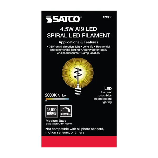4.5 Watt A19 LED Filament - Amber - Medium base - 2000K - 260 Lumens - 120 Volt - Image 6