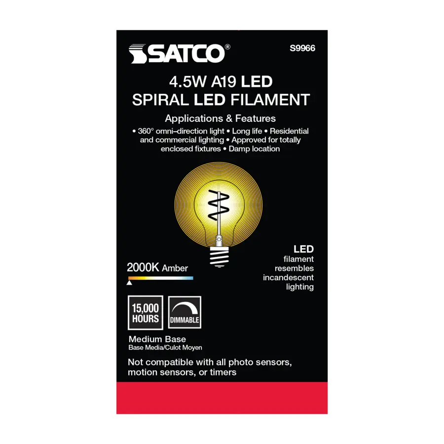 4.5 Watt A19 LED Filament - Amber - Medium base - 2000K - 260 Lumens - 120 Volt - Image 6