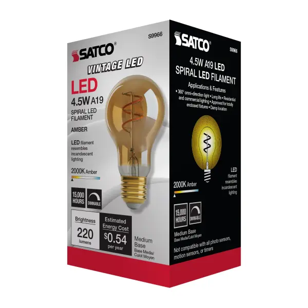 4.5 Watt A19 LED Filament - Amber - Medium base - 2000K - 260 Lumens - 120 Volt - Image 8