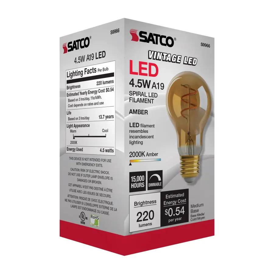 4.5 Watt A19 LED Filament - Amber - Medium base - 2000K - 260 Lumens - 120 Volt - Image 9