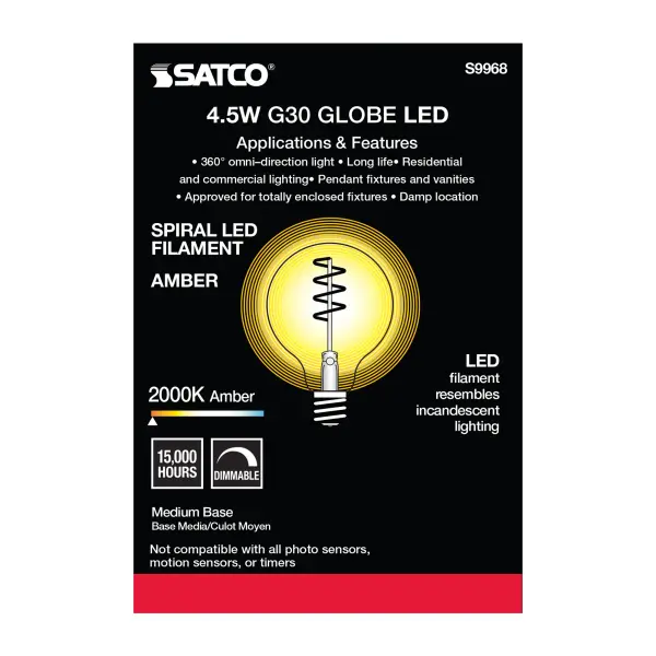 4.5 Watt G30 LED Filament - Amber - Medium base - 2000K - 240 Lumens - 120 Volt - Image 4
