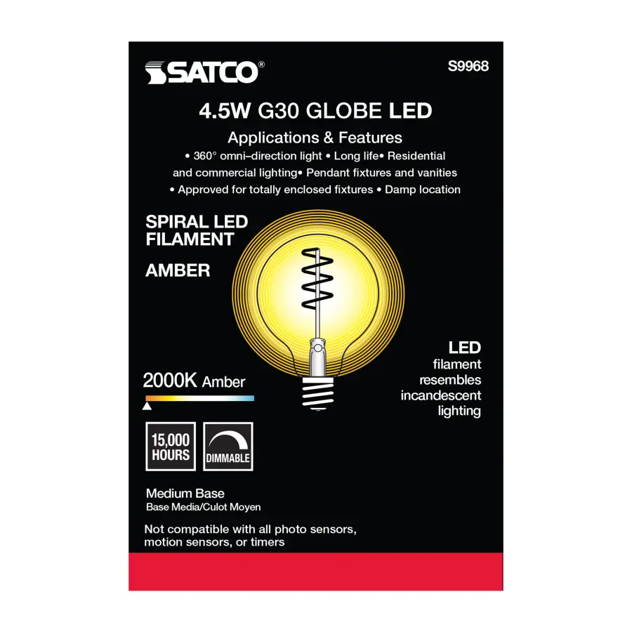 4.5 Watt G30 LED Filament - Amber - Medium base - 2000K - 240 Lumens - 120 Volt - Image 4