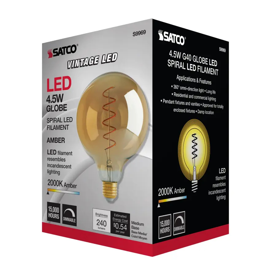 4.5 Watt G40 LED Filament - Amber - Medium base - 2000K - 240 Lumens - 120 Volt - Image 7