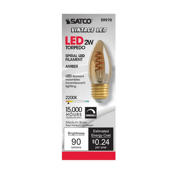 2.3 Watt B10 LED Filament - Amber - Medium base - 2000K - 120 Lumens - 120 Volt - alternate view