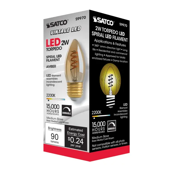 2.3 Watt B10 LED Filament - Amber - Medium base - 2000K - 120 Lumens - 120 Volt - Image 3