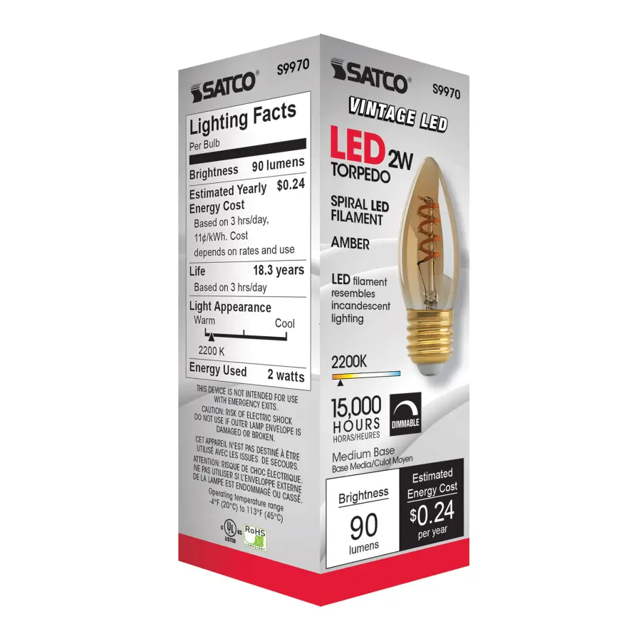 2.3 Watt B10 LED Filament - Amber - Medium base - 2000K - 120 Lumens - 120 Volt - Image 4