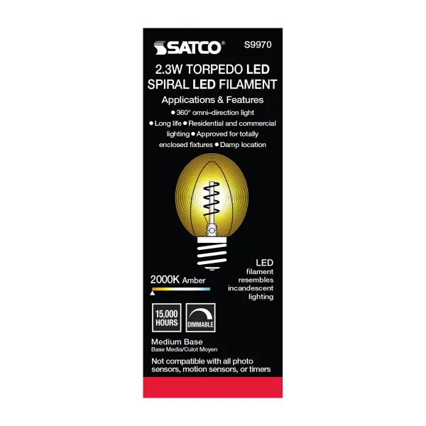 2.3 Watt B10 LED Filament - Amber - Medium base - 2000K - 120 Lumens - 120 Volt - Image 7