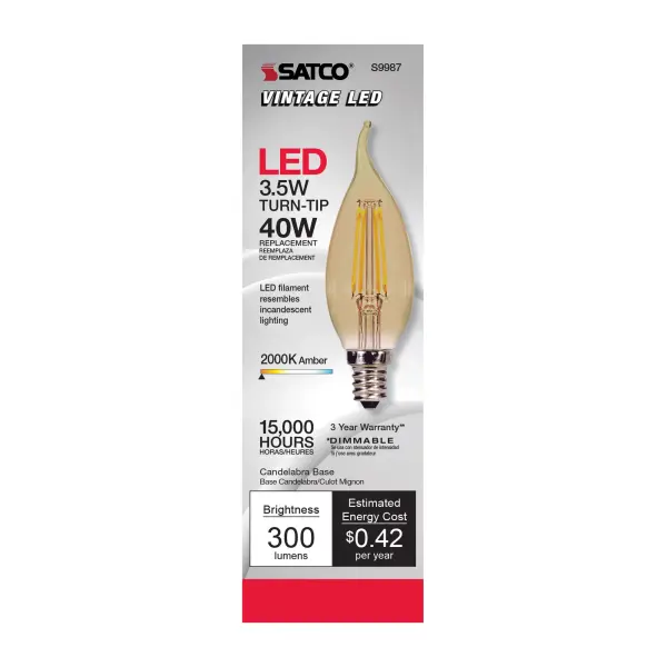 3.5 Watt Flame CFA LED Filament - Amber - Candelabra base - 2000K - 300 Lumens - 120 Volt - Image 3