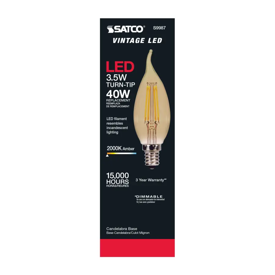 3.5 Watt Flame CFA LED Filament - Amber - Candelabra base - 2000K - 300 Lumens - 120 Volt - Image 4
