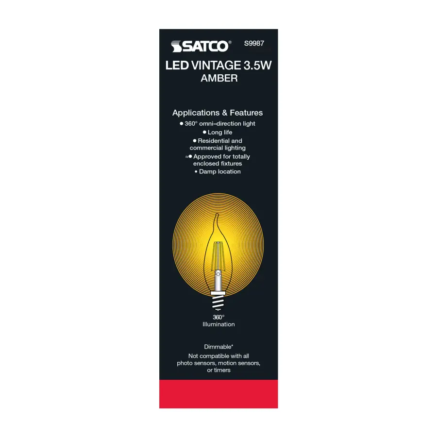 3.5 Watt Flame CFA LED Filament - Amber - Candelabra base - 2000K - 300 Lumens - 120 Volt - Image 5