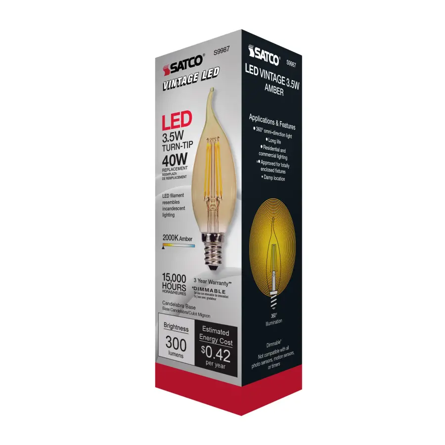 3.5 Watt Flame CFA LED Filament - Amber - Candelabra base - 2000K - 300 Lumens - 120 Volt - Image 7