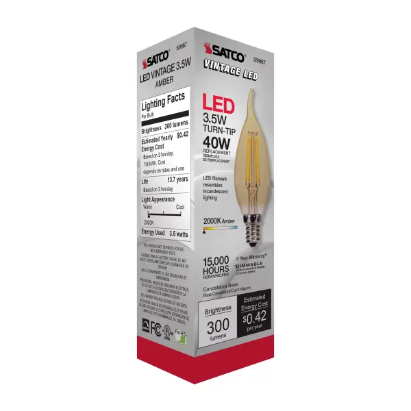 3.5 Watt Flame CFA LED Filament - Amber - Candelabra base - 2000K - 300 Lumens - 120 Volt - Image 8