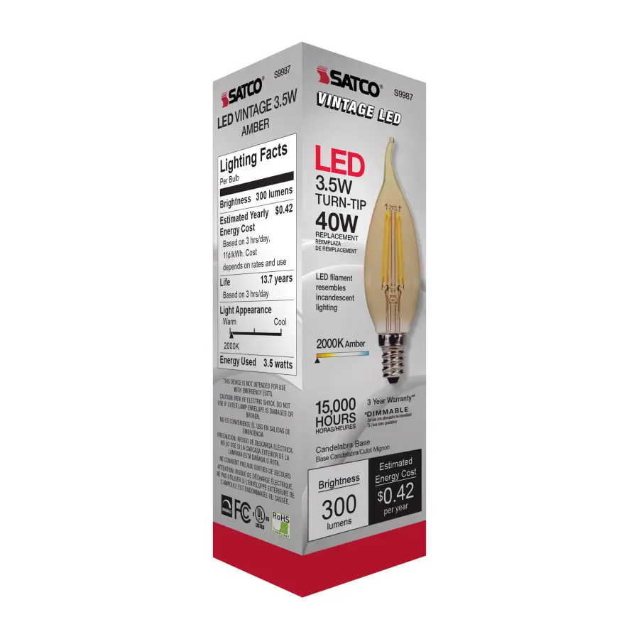 3.5 Watt Flame CFA LED Filament - Amber - Candelabra base - 2000K - 300 Lumens - 120 Volt - Image 8