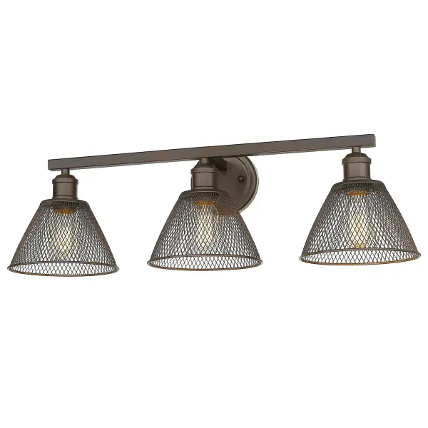 The Carver 3-Light Vanity combines industrial design with modern elegance, featuring a distinctive metal mesh shade and rich rubbed bronze finish. Perfect for bathrooms and damp locations, it provides warm, inviting illumination.
