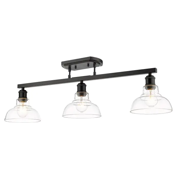 The Carver 3-Light Semi-Flush Mount combines a sleek matte black frame with clear glass shades for a sophisticated look that works across multiple design styles. Its generous 35.5" width provides ample illumination while maintaining low-profile clearance, making it ideal for spaces where a full pendant would hang too low.