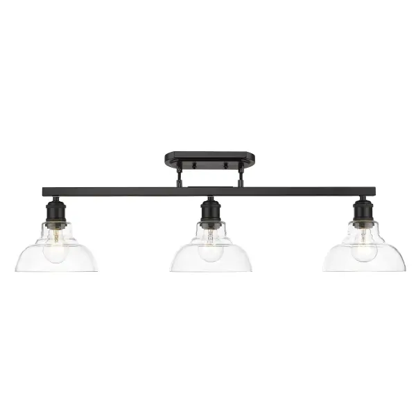The Carver 3-Light Semi-Flush Mount combines a sleek matte black frame with clear glass shades for a sophisticated look that works across multiple design styles. Its generous 35.5" width provides ample illumination while maintaining low-profile clearance, making it ideal for spaces where a full pendant would hang too low. - alternate view