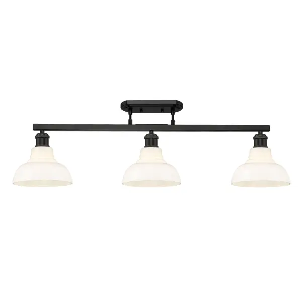 The Carver 3-Light Semi-Flush combines vintage milk glass shades with a sleek matte black frame, delivering soft, glare-free illumination perfect for kitchens, dining rooms, and bedrooms. Its damp location rating and adjustable height make it adaptable to various spaces. - alternate view